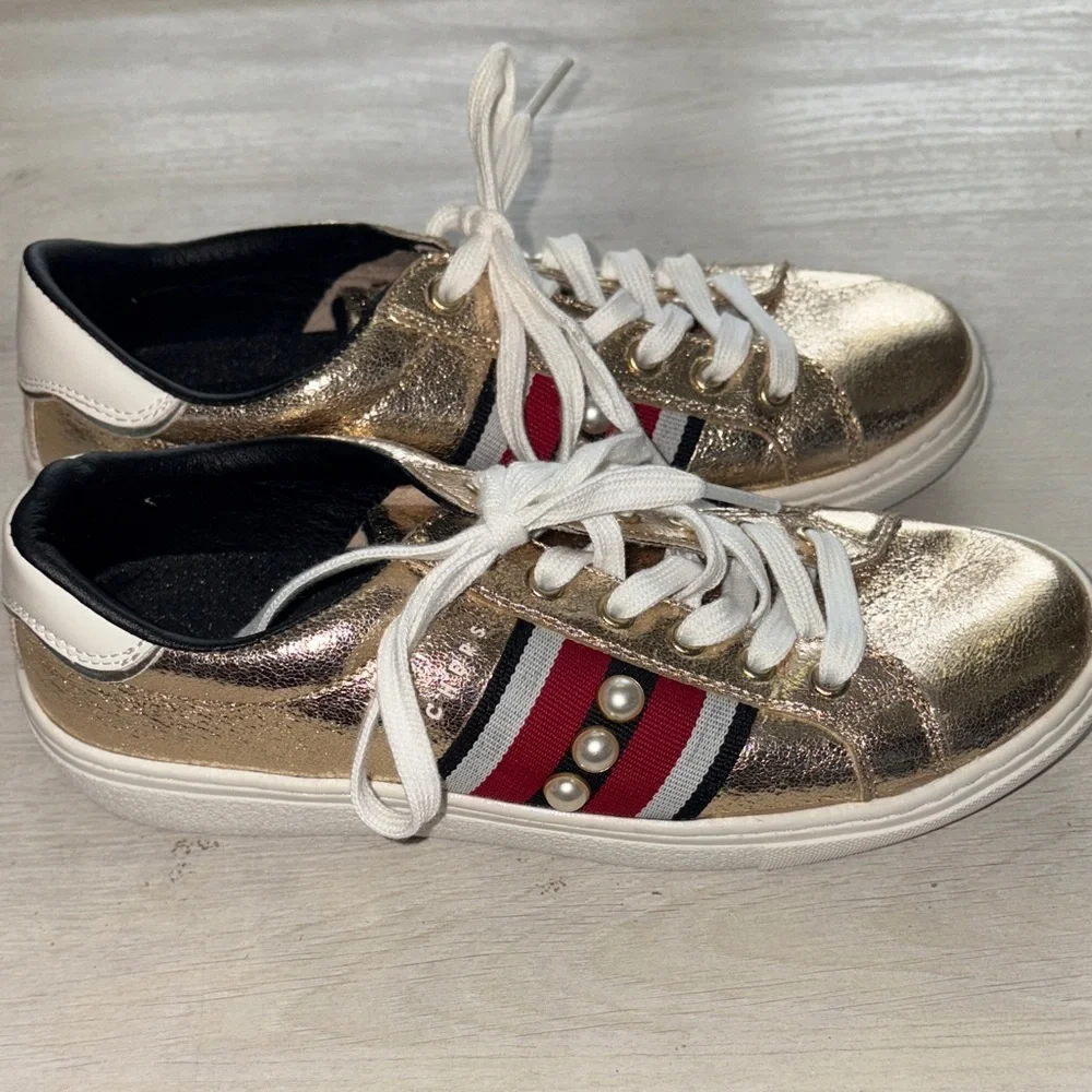 Skechers Metallic Gold Sneakers with Red and White Accents and Pearl details - Picture 3 of 6